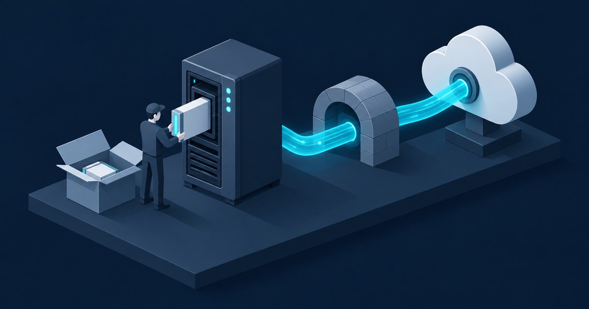 Isometric dark scene of a technician loading a package from a box into a server, with a glowing blue tunnel running through a stone arch to a cloud.